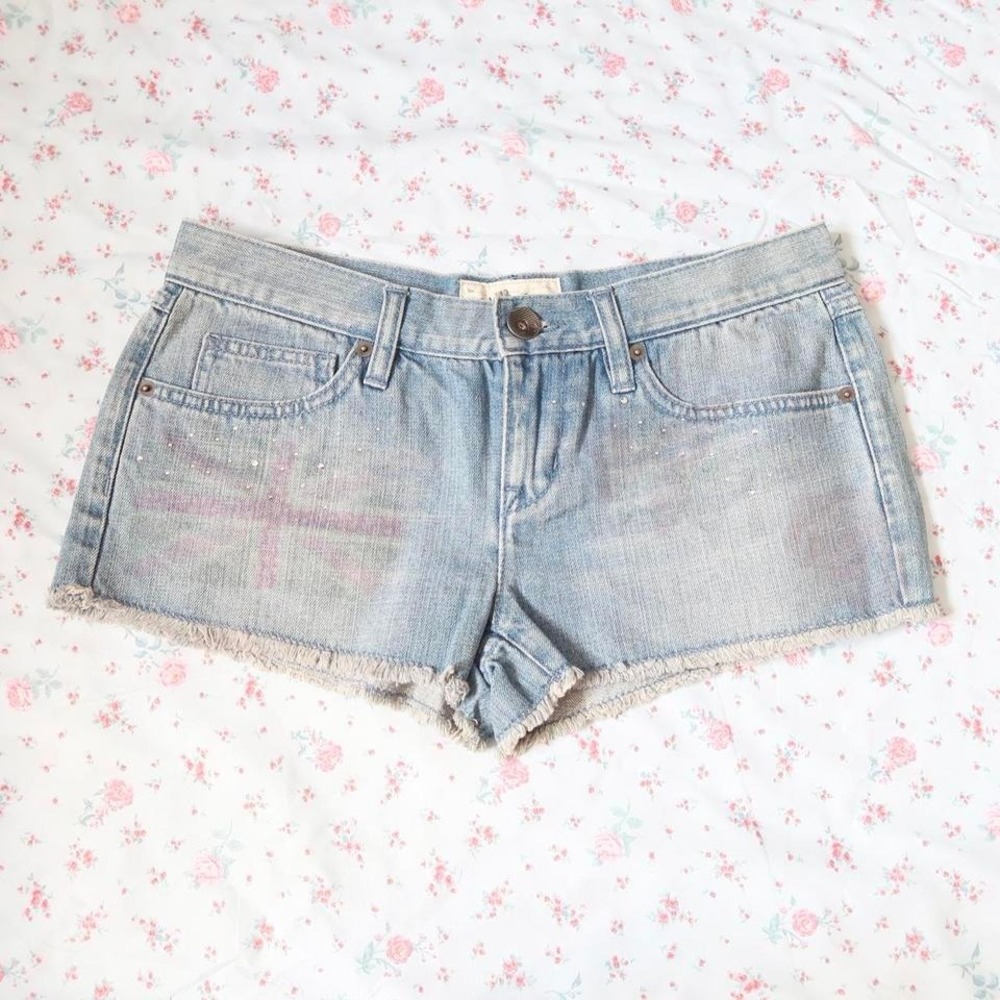 burton union jack rhinestone cutoff denim shorts indie sleaze y2k